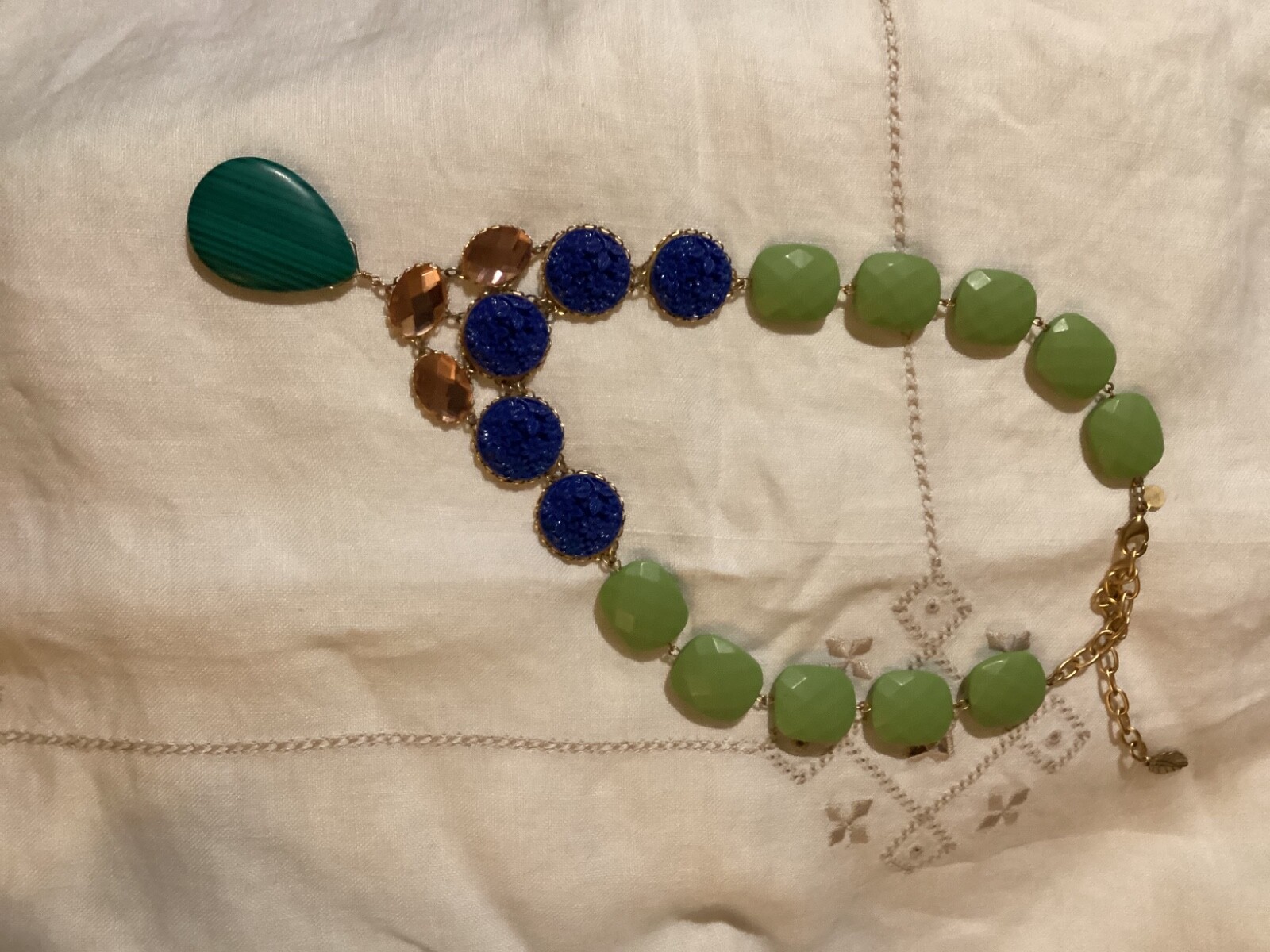 David Aubrey necklace, 20″ blue and green, peach rhinestones.
