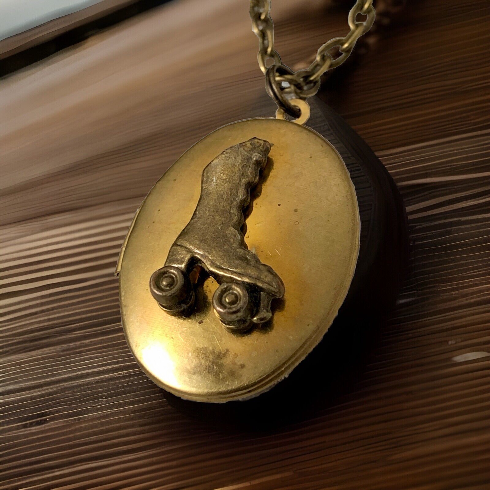Skater Locket Necklace, Roller Derby Skates, Vintage Small Pillbox Stash Pendant