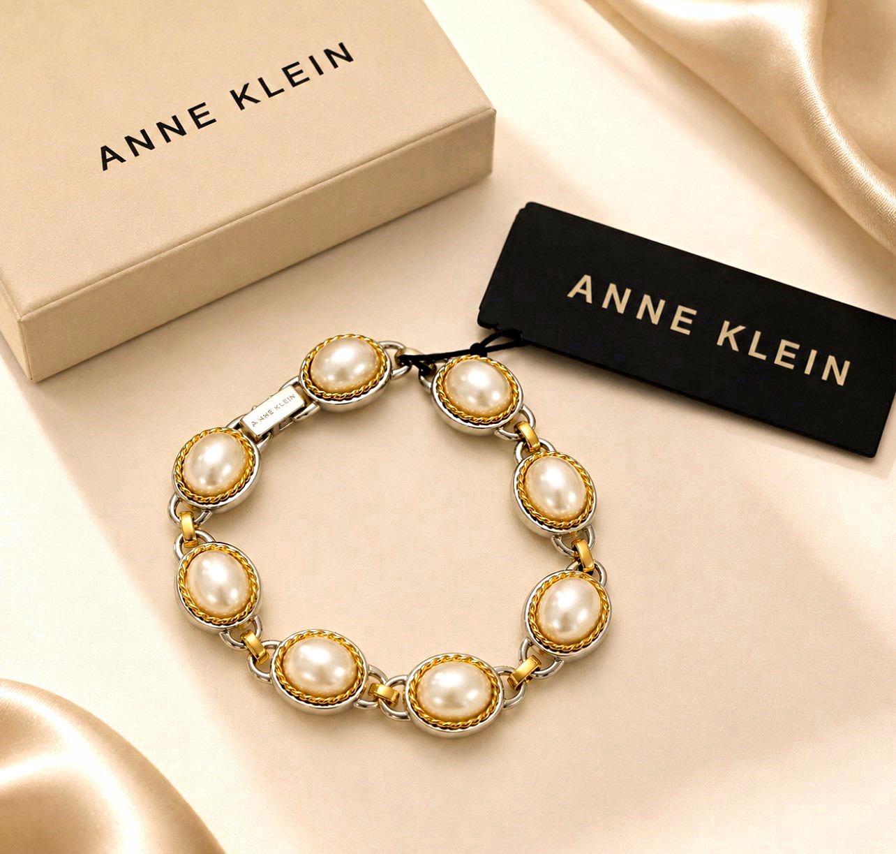 Anne Klein Signed Gold/Silver Tone Oval White Imitation Pearl Link Bracelet