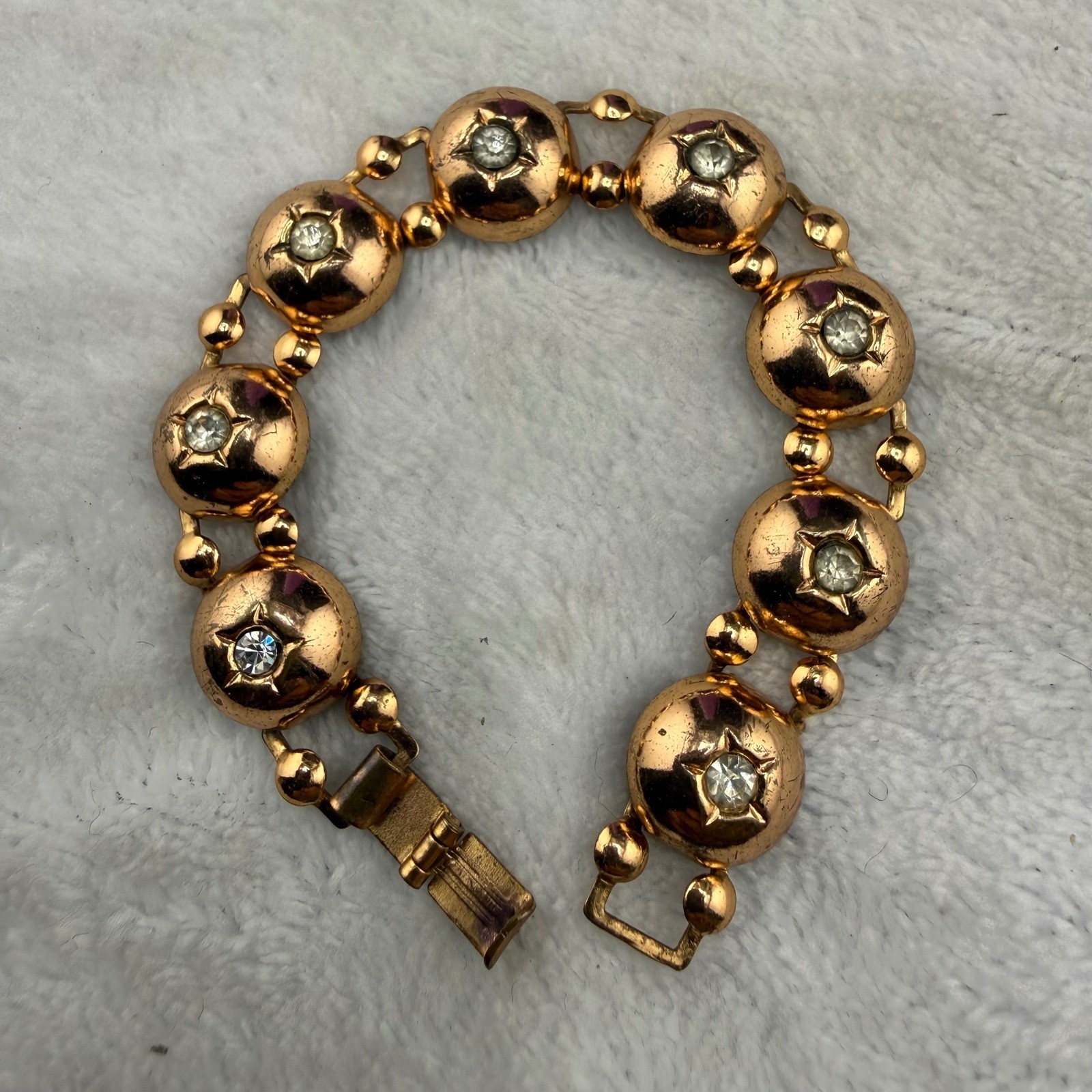Vintage Bracelet Gold Tone Domed Star Set Rhinestone Link 6in
