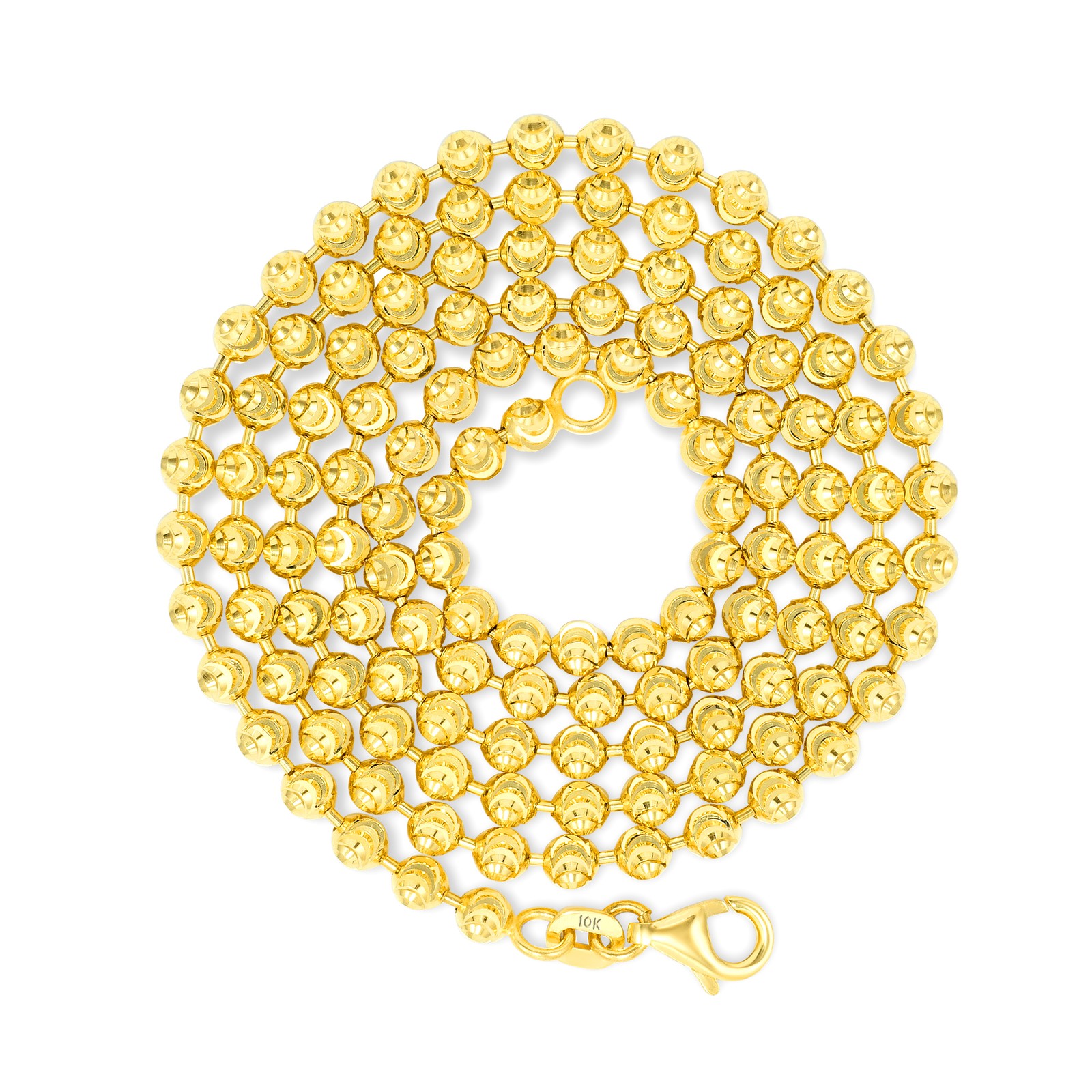 Womens 10K Yellow Gold Solid 2mm Diamond Moon Cut Bead Ball Chain Necklace 16″