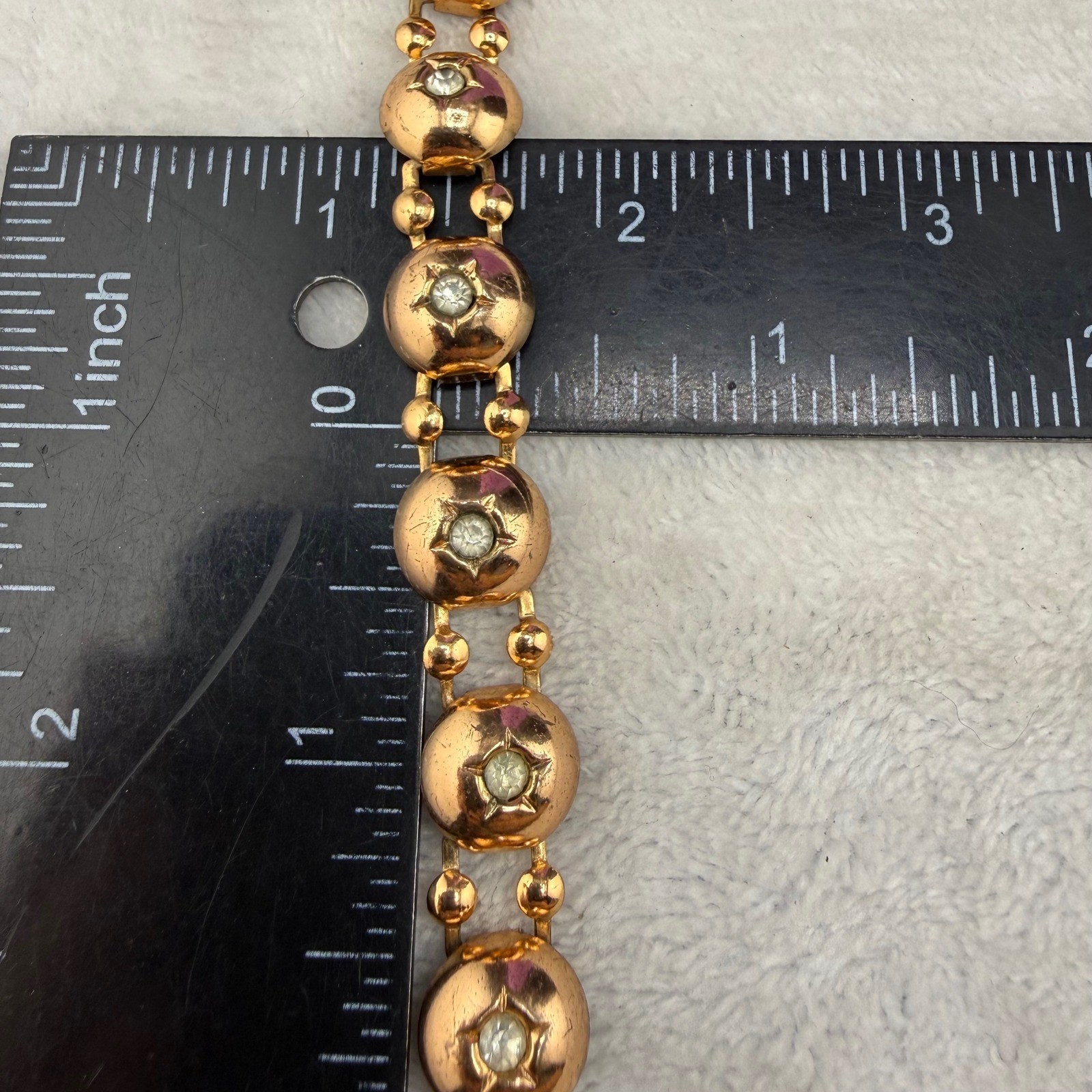 Vintage Bracelet Gold Tone Domed Star Set Rhinestone Link 6in