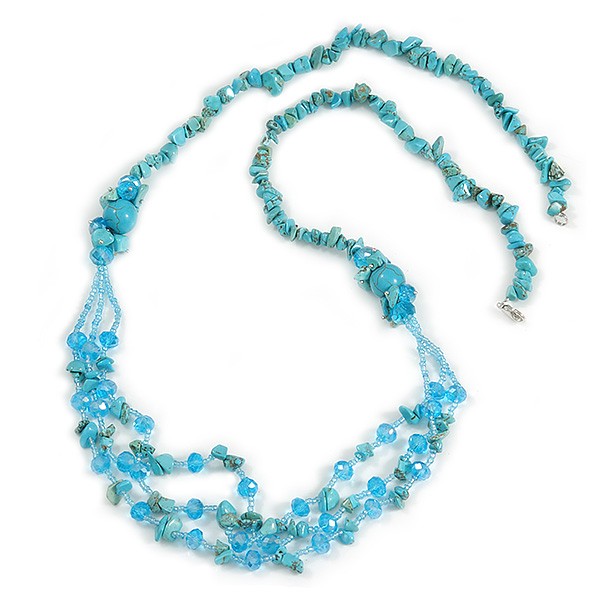 Statement Long Multistrand Light Blue Glass Beads and Turquoise Nuggets