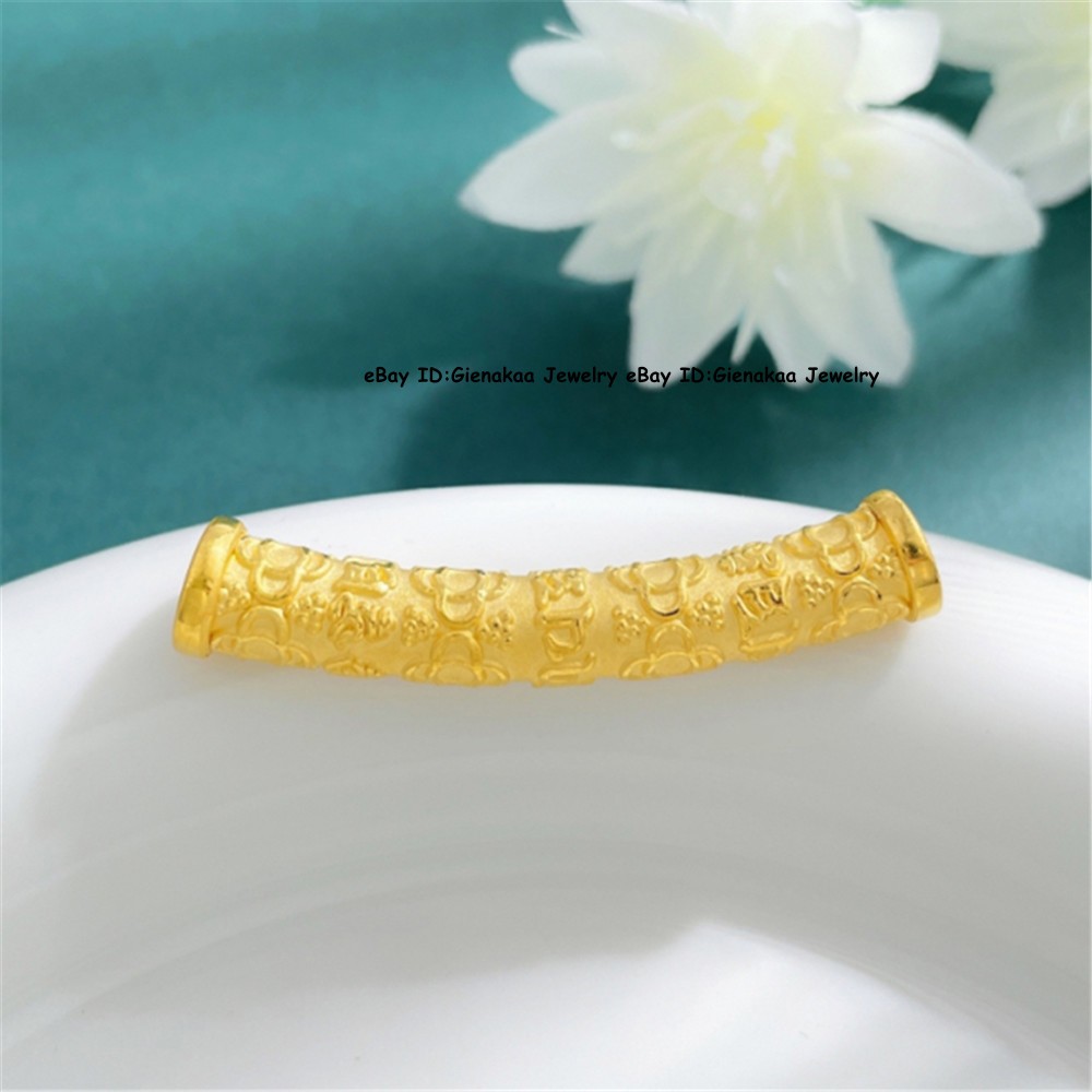 Real 999 24K Yellow Gold Men Women 3D Lucky Six Words Long Tube Pendant 2.2-2.3g