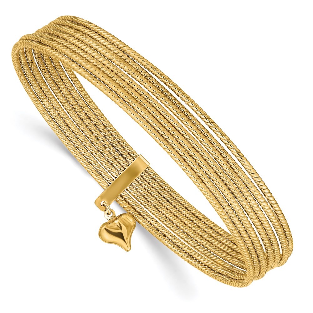 14K Yellow Gold Dangle Heart 7-Strand 11.00mm Slip-on Round Bangle Bracelet 8″
