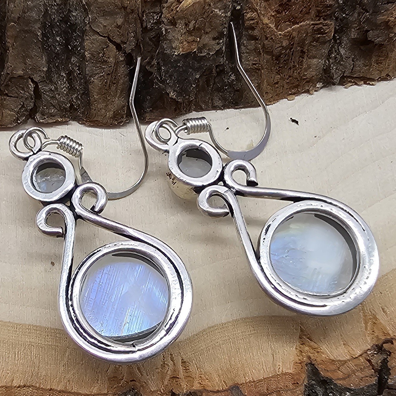 925 Overlay 12.2mm Rainbow Moonstone 2″ Drop Earrings