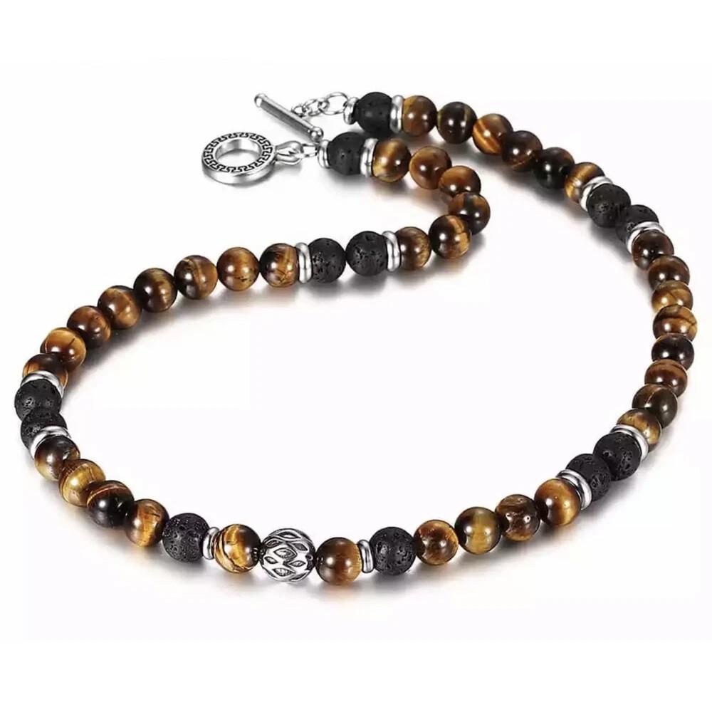 24″ Men’s 8mm Natural Tiger Eye Lava Bead Necklace Stainless Steel Toggle Gift