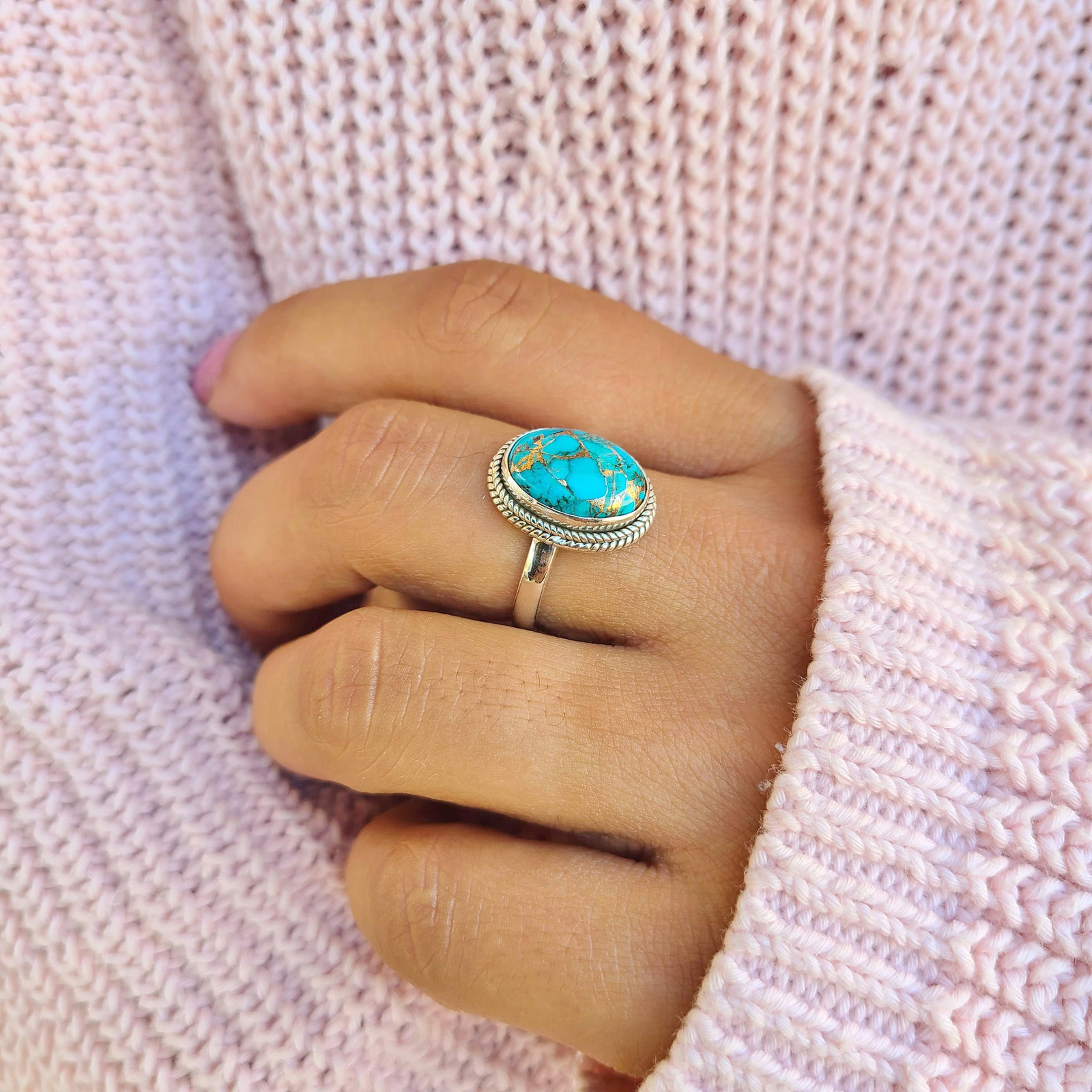 Genuine Copper Turquoise Ring 925 Sterling Silver Ring Hand Made Ships From USA