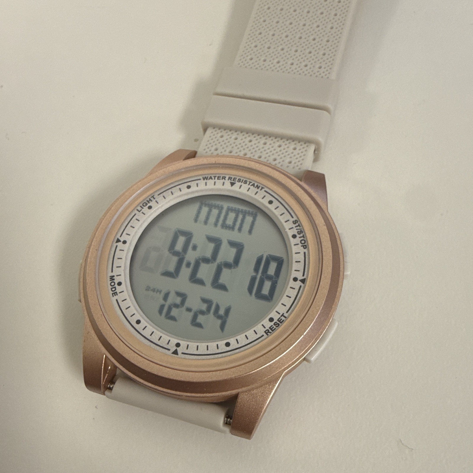 Digital Quartz Sport Watch 44mm Rose Gold Case White Rubber Strap 50m Box