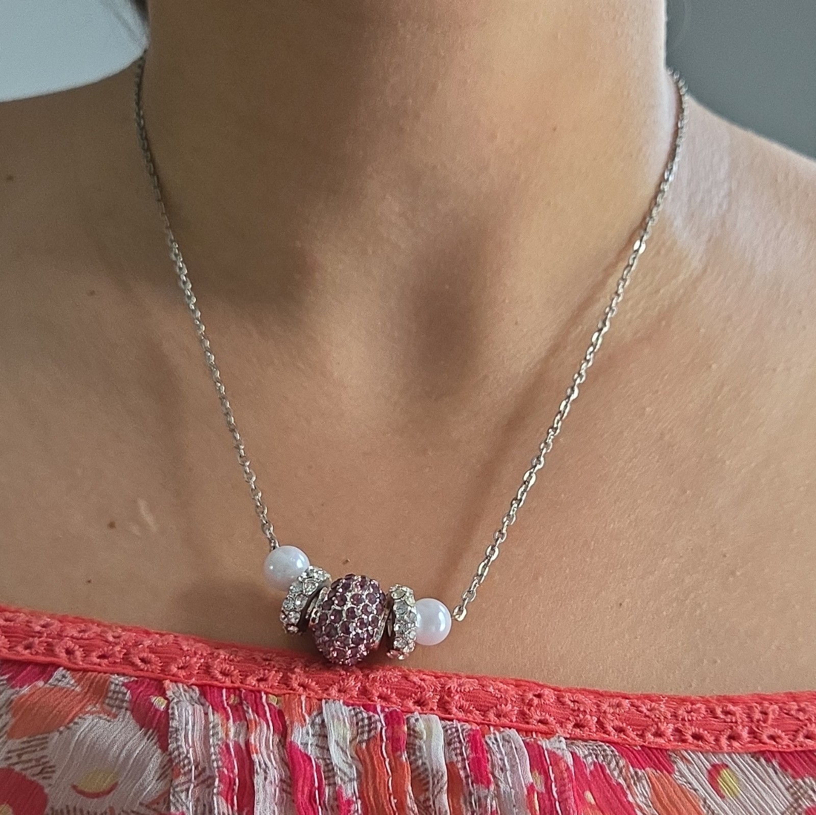 Silver Tone Adjustable Necklace & Bracelet Set Pink Rhinestone White Beads