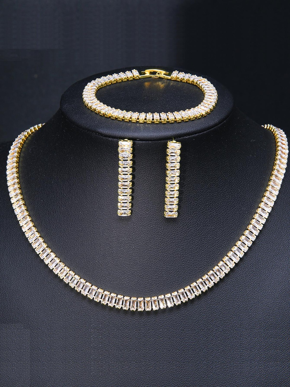 3PCS/Set Cubic Zirconia Inlaid Tennis Necklace Bracelet Stud Earrings Gift Her