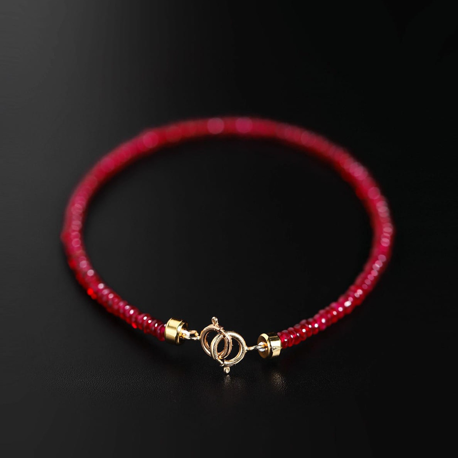 18K Gold Ruby Bracelet, Pigeon Blood Red Beads, Elegant Gift for Her