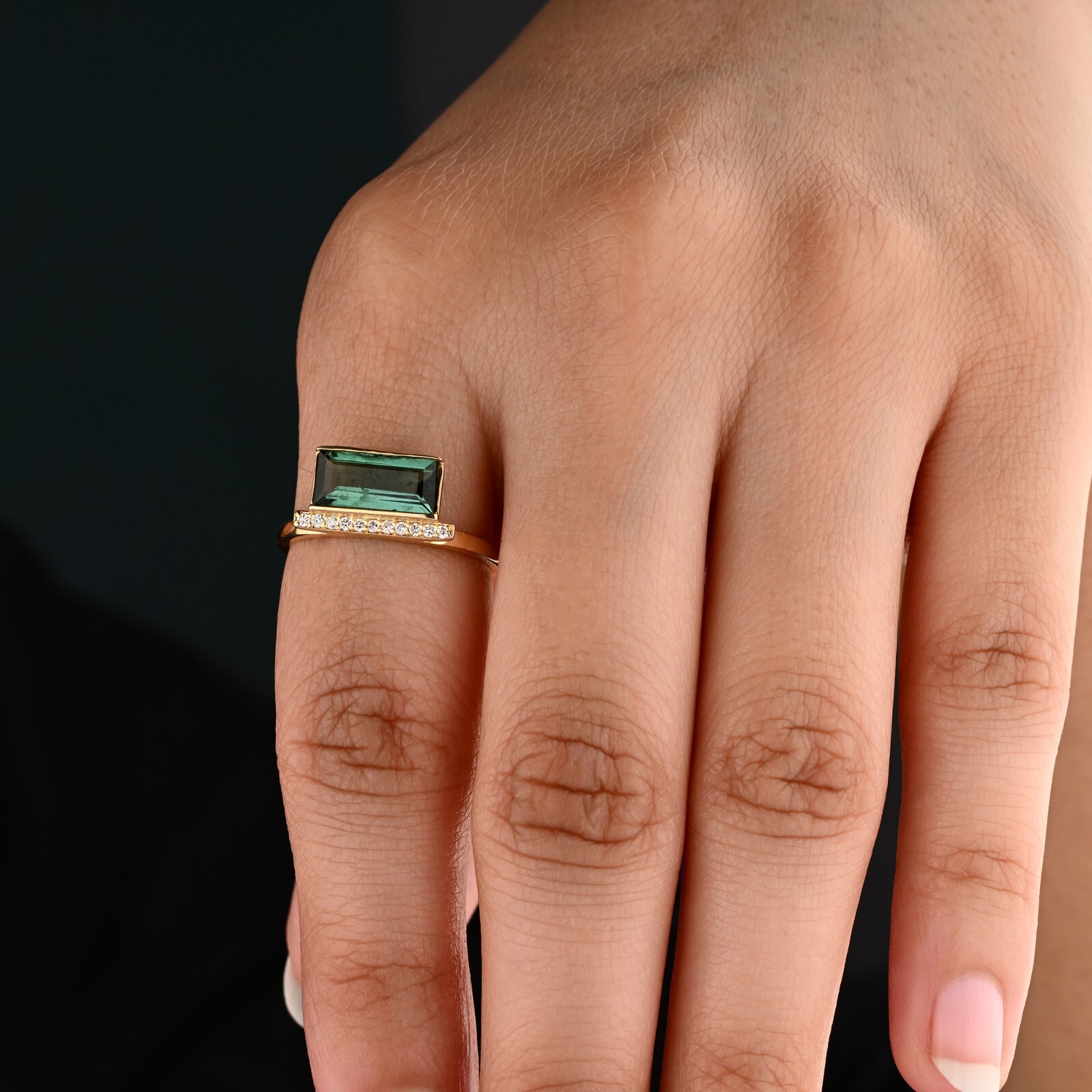 Horizontal Baguette Green Tourmaline and Pave Diamond Bar Ring In 14K Solid Gold