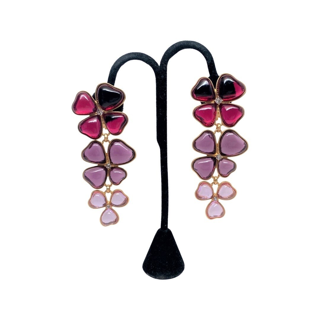 Vibrant Red, Purple & Pink Glass Cabochon Gold Plated Clip on Long Earrings