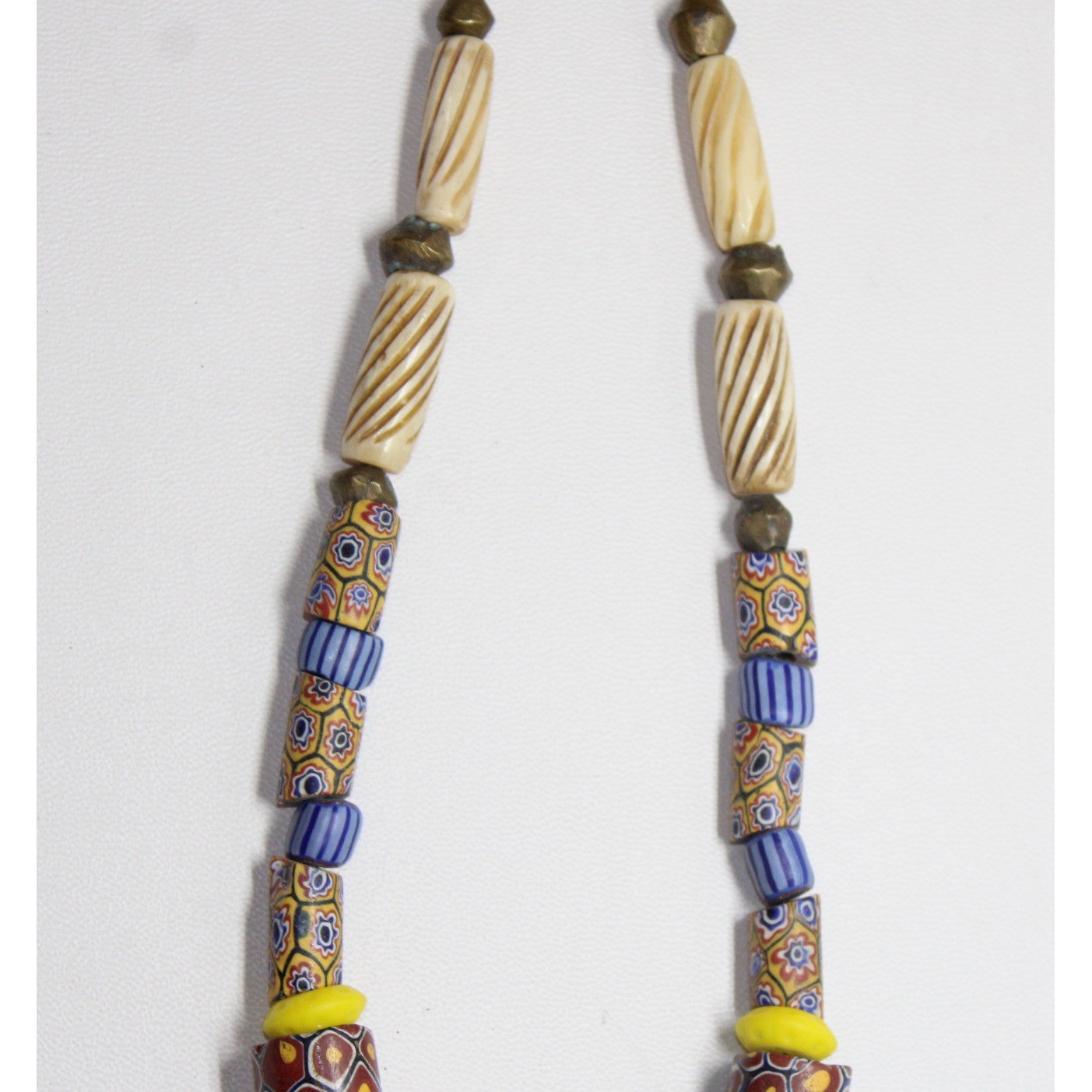 handcrafted Nigerian Trade Bead Necklace 26″ blue yellow brown glass copper