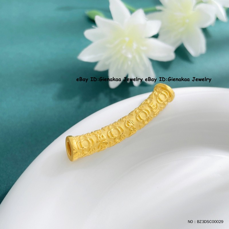 Real 999 24K Yellow Gold Men Women 3D Lucky Six Words Long Tube Pendant 2.2-2.3g