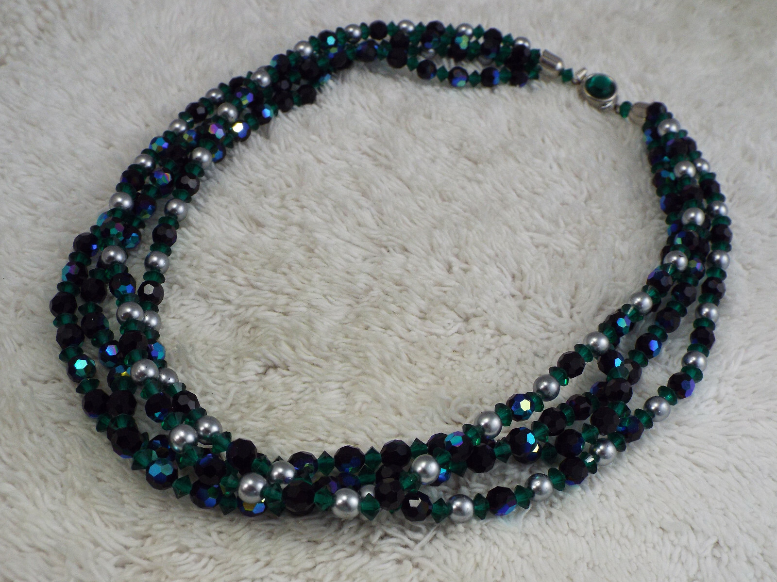 Silvertone, Iridescent Peacock Black, Teal Crystal Bead Necklace (B43)