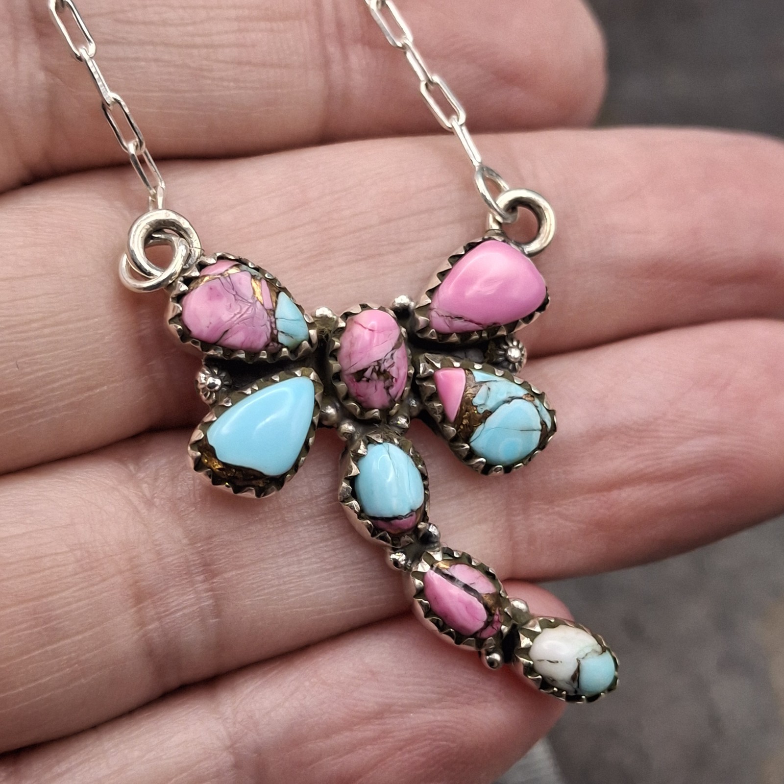 Cotton Candy Turquoise Dragonfly Sterling Silver Necklace 17-19in Southwestern