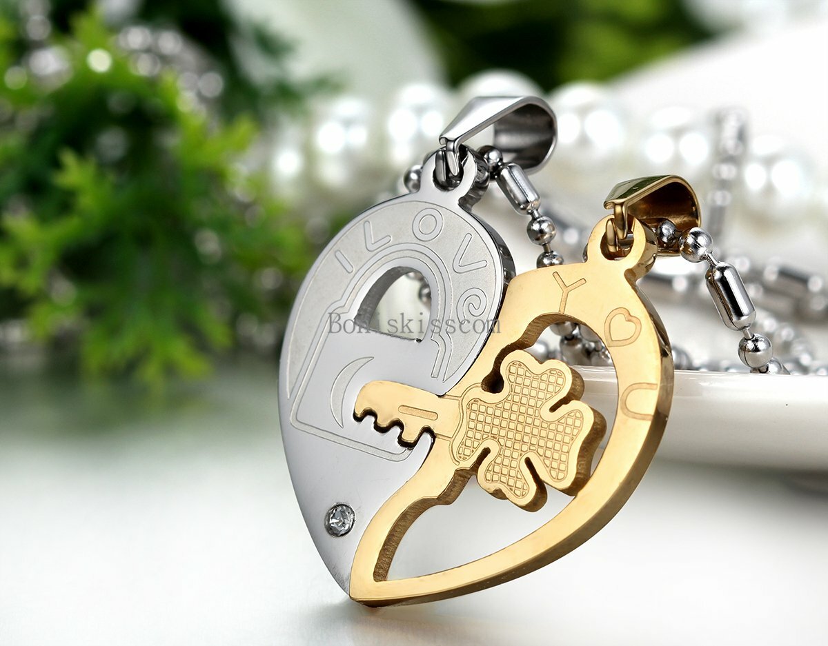 His and Hers Stainless Steel I Love You Heart Lock & Key Couple Pendant Necklace