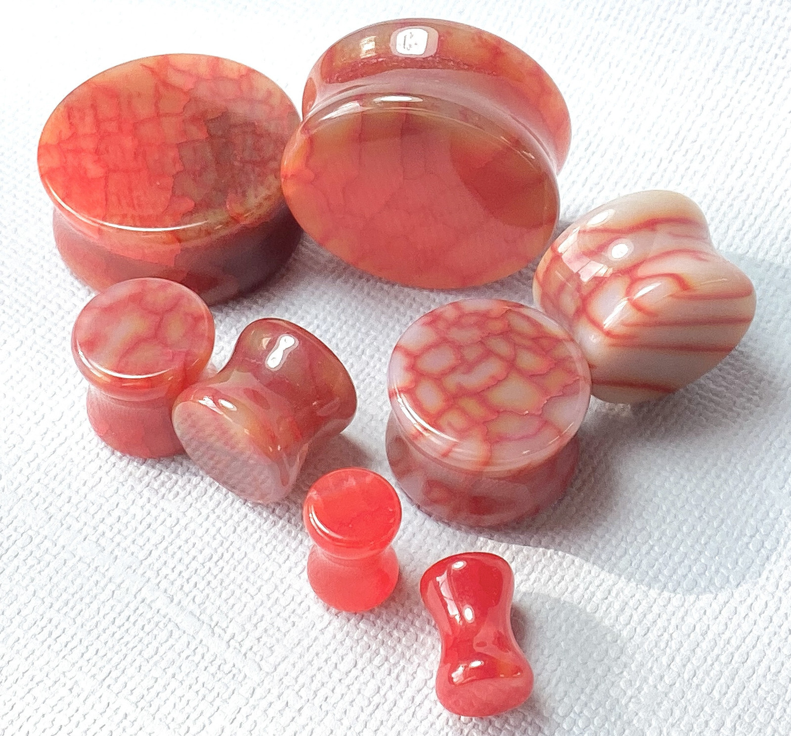 PAIR Red Dragons Vein Agate Stone Double Flare Plugs Organic Earlets Gauges