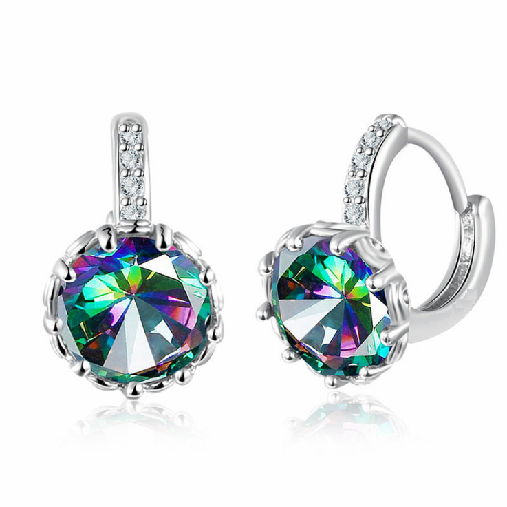 Silver Blue Purple Black Pink Green CZ Stud Hoop Huggie Earrings Gift