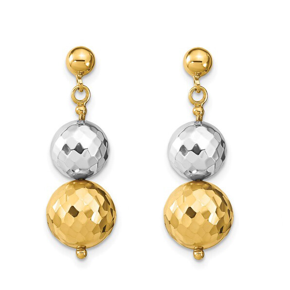14k Yellow White 2 Tone Gold Dangle Beads Diamond Cut Push Back Stud Earrings