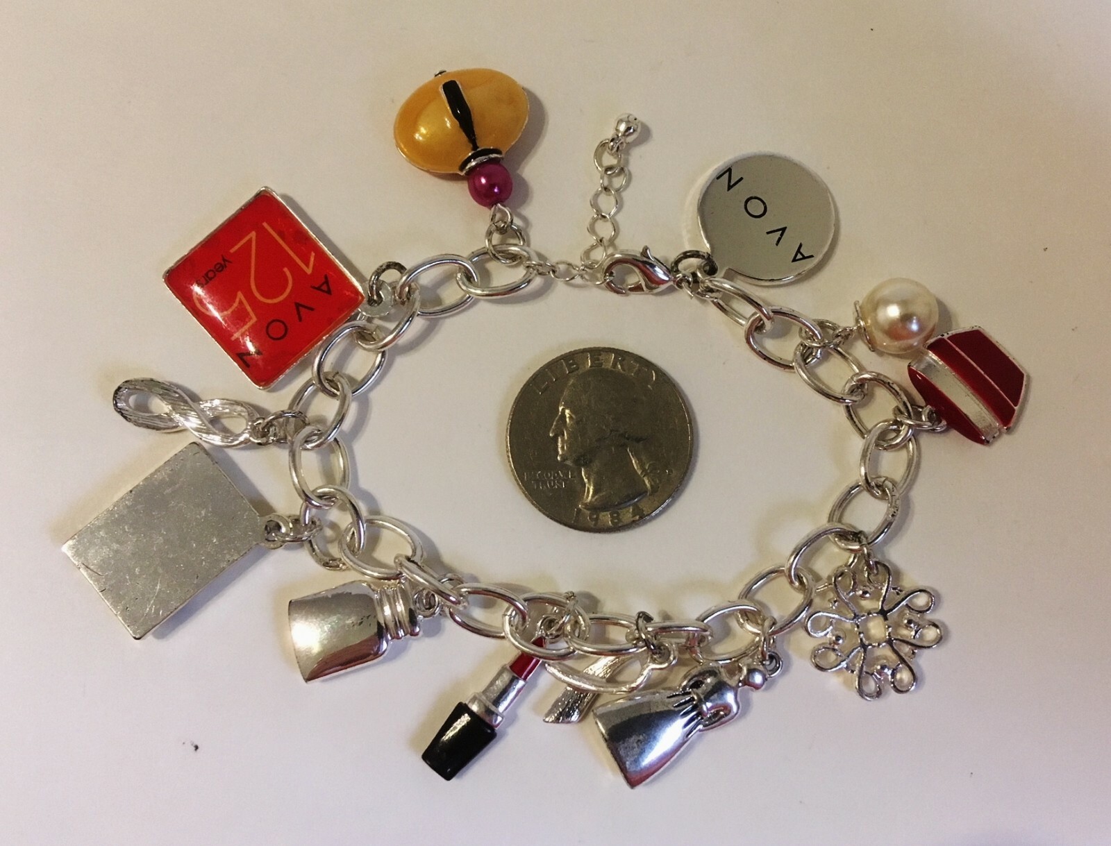 Avon 12 Charms Bracelet Silver Metal Link Chain 125 Years Anniversary Lipstick