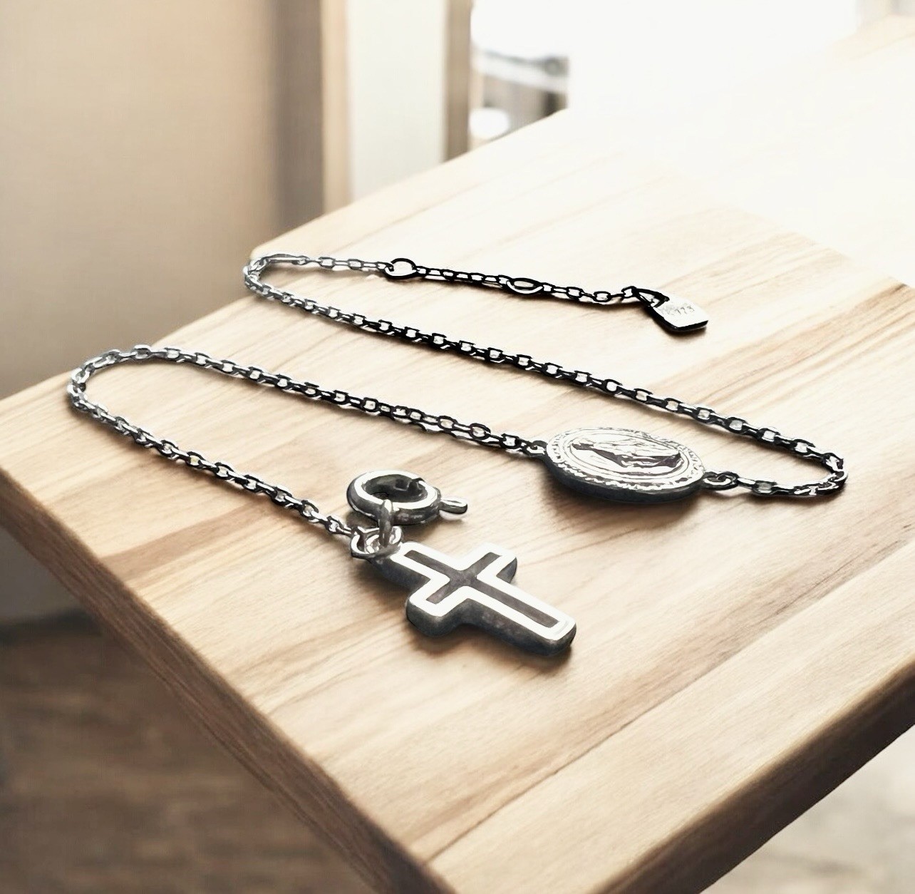 Miraculous Medal Bracelet Sterling 925 Silver + Cross Charm Adjusts 13 – 16cm