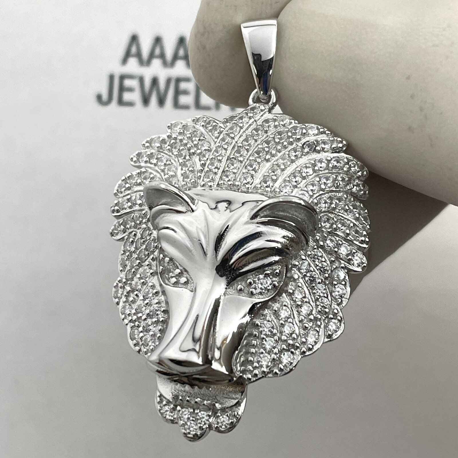 925 Solid Sterling Silver Cubic Zirconia Lion Face Pendant