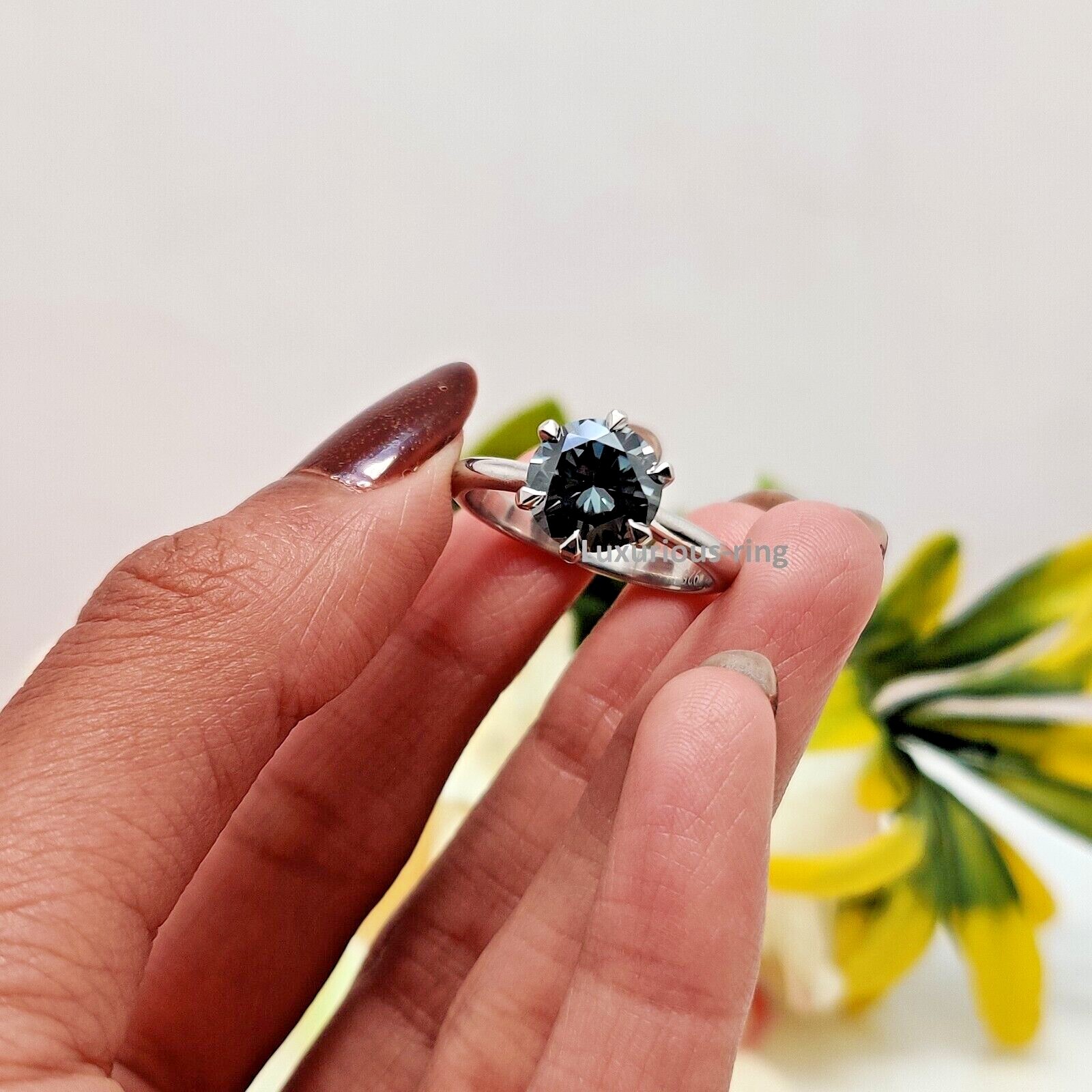 925 Starling Silver Anniversary Ring, 1.60 Ct Round Cut Grey Moissanite Ring,
