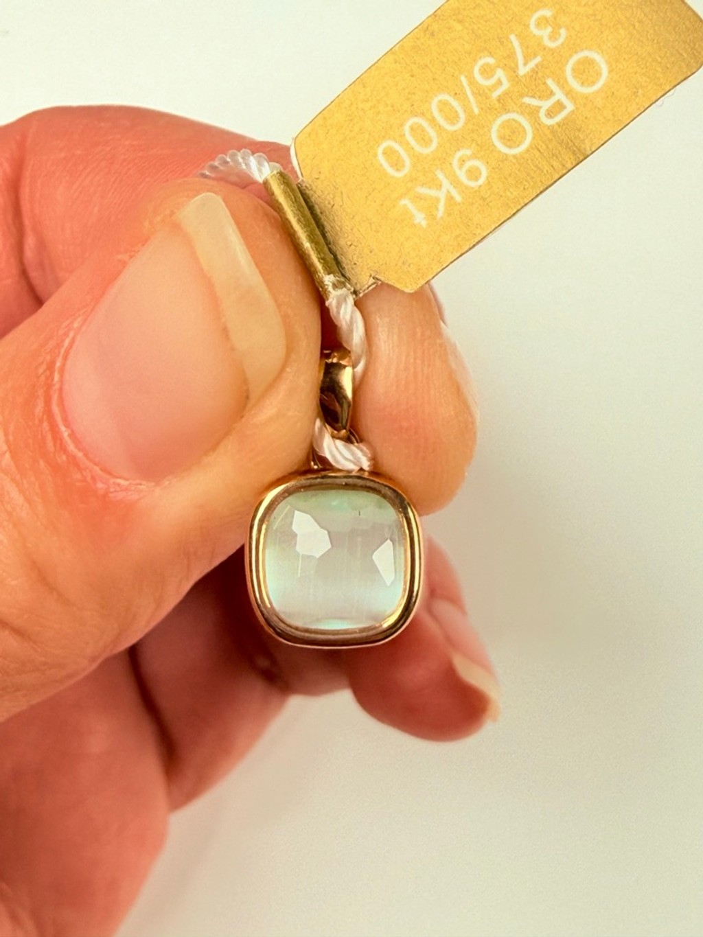 9K Solid Yellow Gold Blue Quartz Cushion Faceted Charm Necklace Pendant NEW NWT