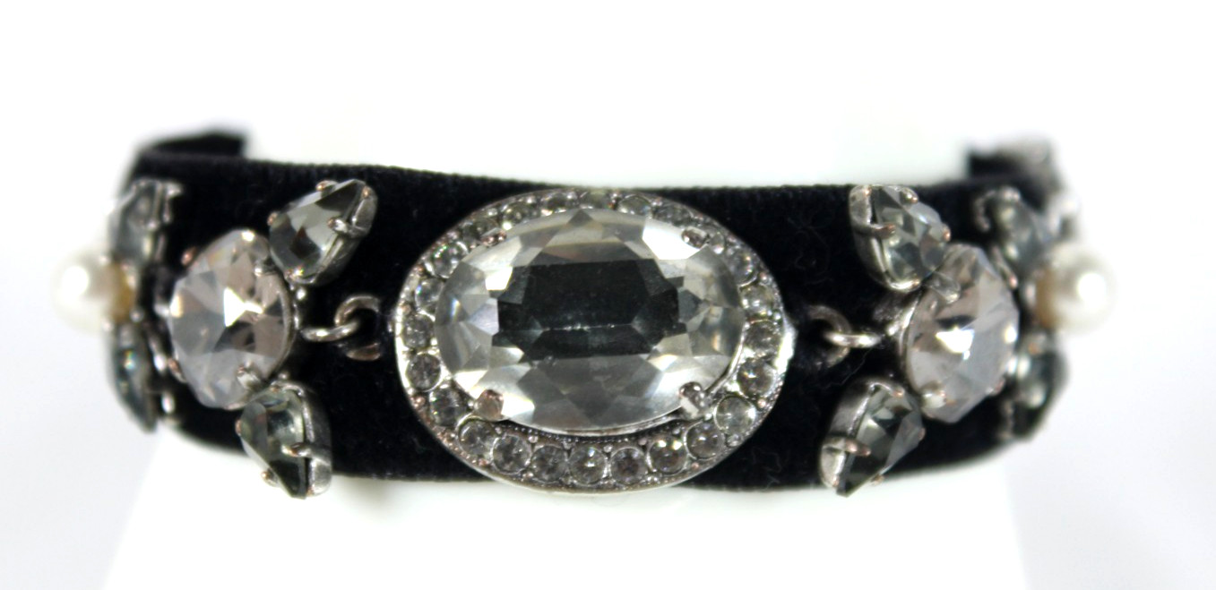 LANVIN Black Velvet Crystal & Faux Pearl Embellished Adjustable Tie Bracelet