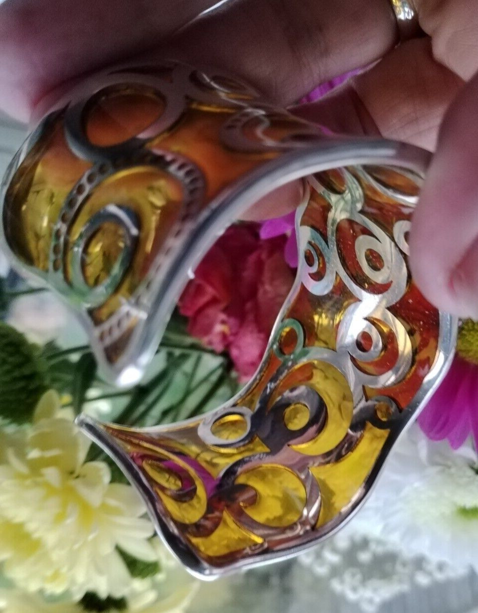Jou Jou 925 Silver Scrolled Cuff Bracelet Inset With Yellowy Amber Resin