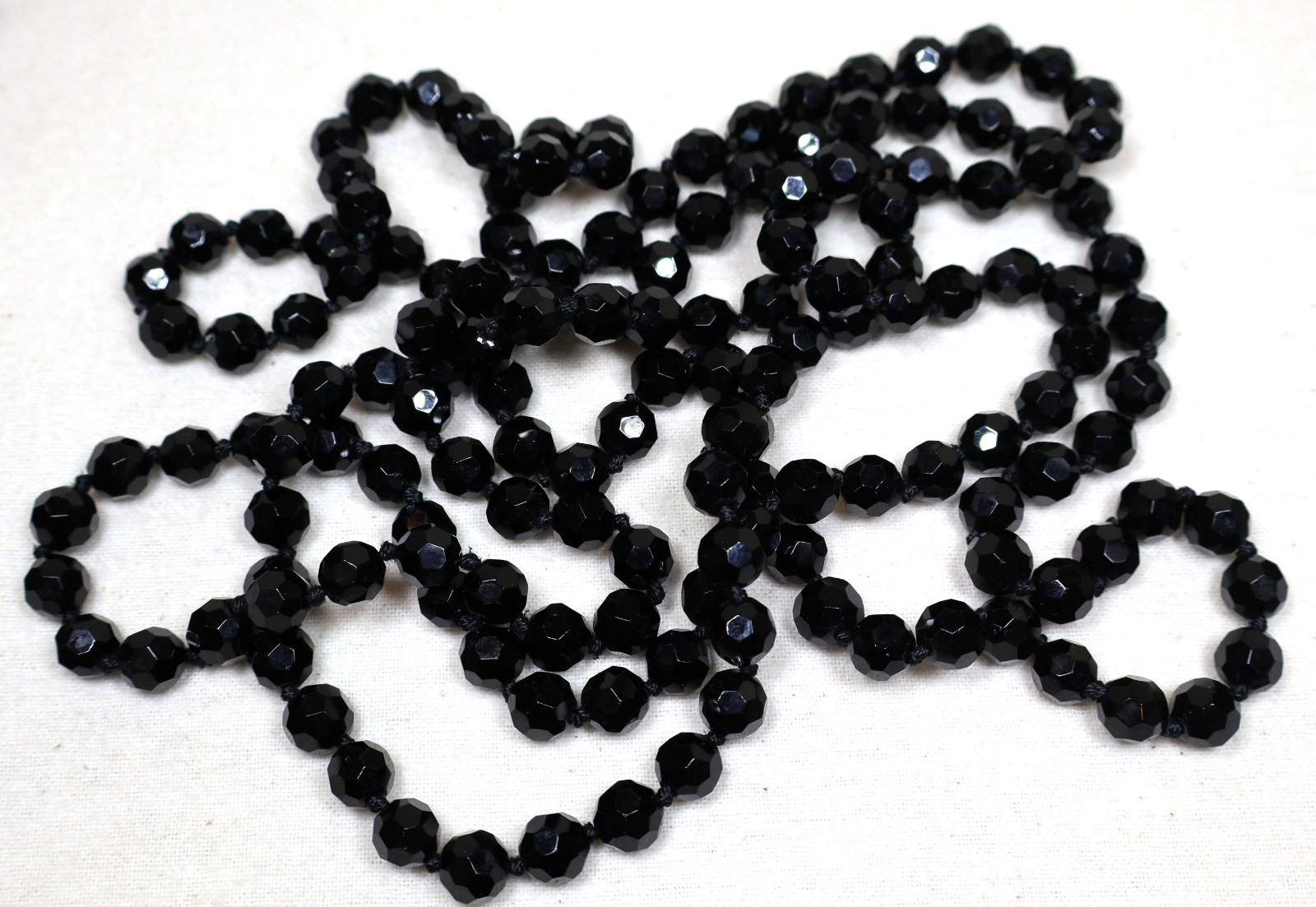 Vintage Art Deco French Jet Necklace 74″ Inch Length Faceted Black Beads