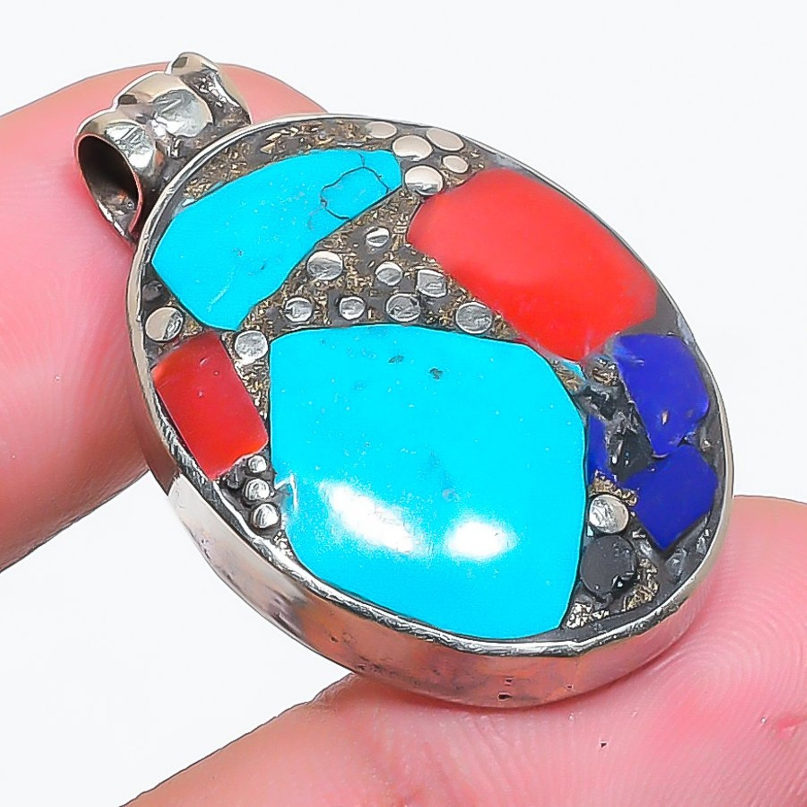Tibetan Turquoise Coral Lapis lazuli Handmade Ethnic Nepali Pendant 1.6″ SR 2359