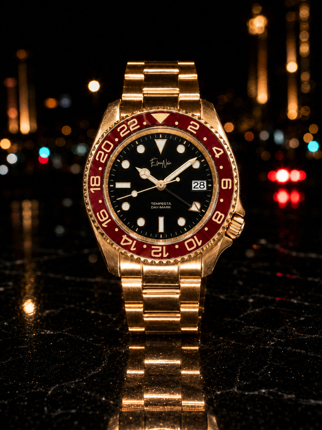 Custom Élan Noir Tempesta Automatic GMT Watch 41mm Steel Gold/Black/Red NH35