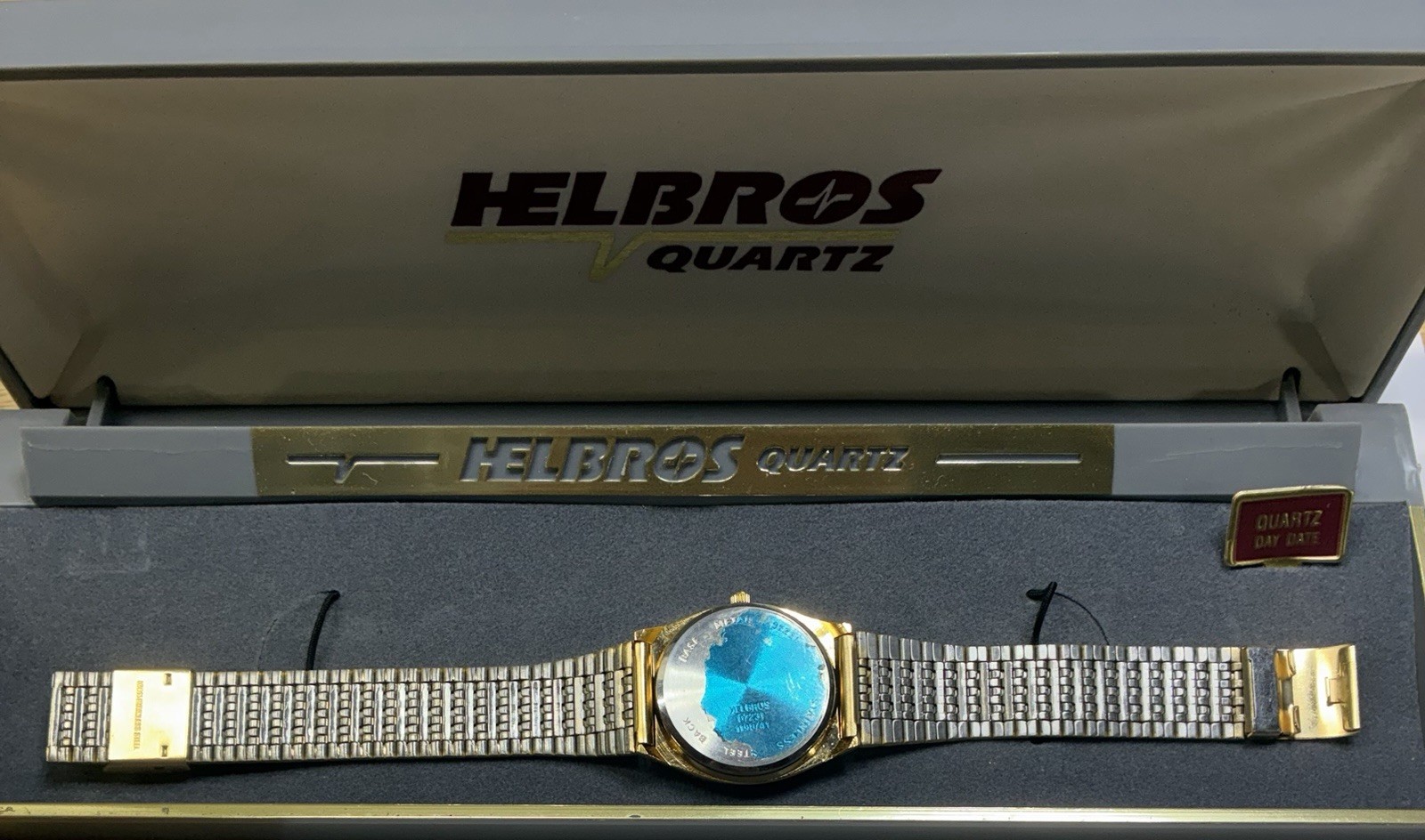 Helbros Quartz Men’s Dress Day/Date Analog Watch Gold Bracelet White Dial Box