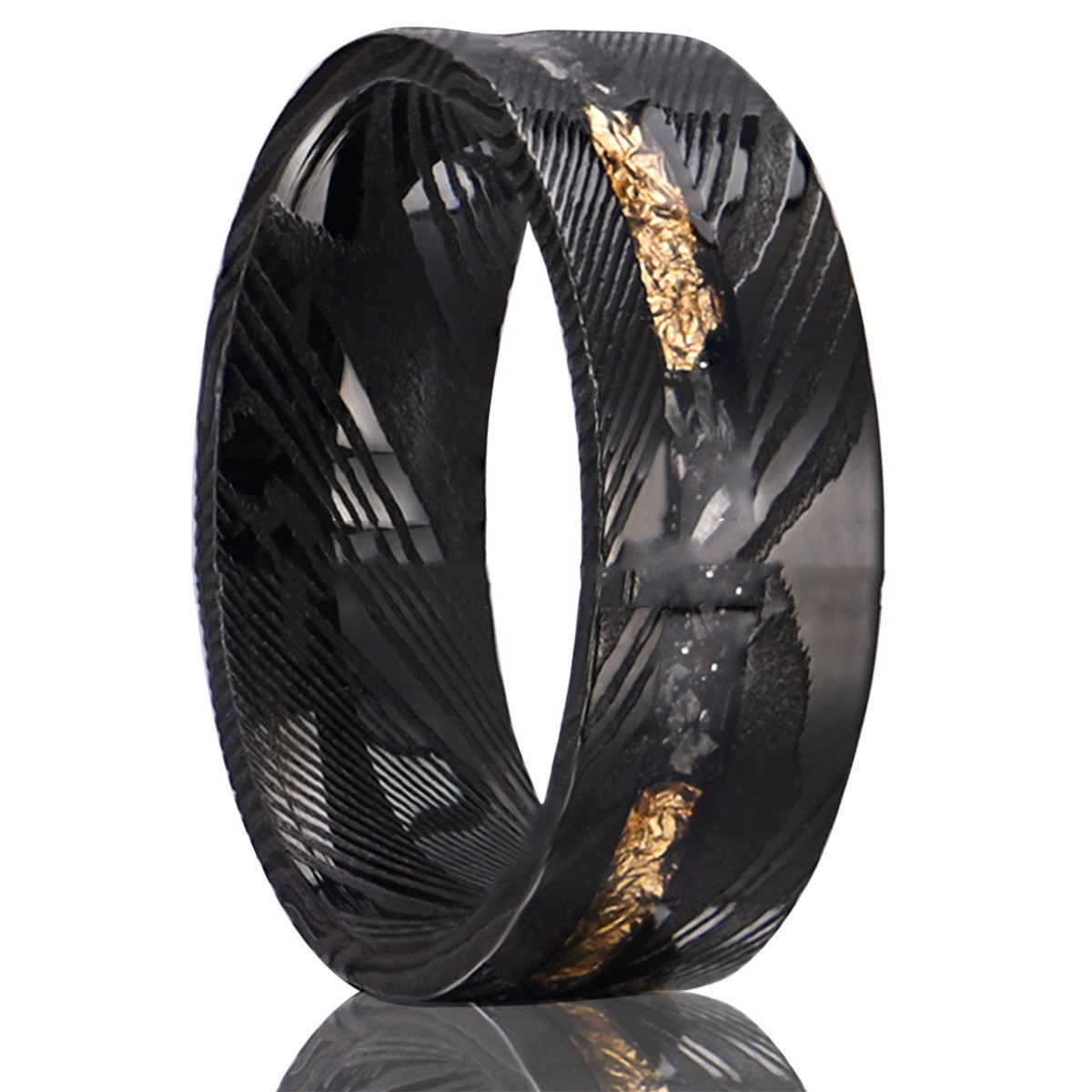 Wide Damascus Steel Ring Electric Black Flat