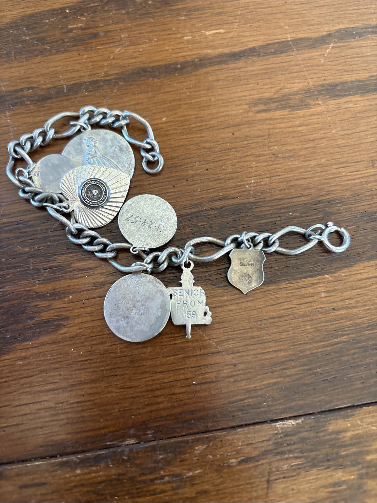 Vtg 50s 60s Sterling Silver Multi Charm Bracelet Red Cross Hearts More