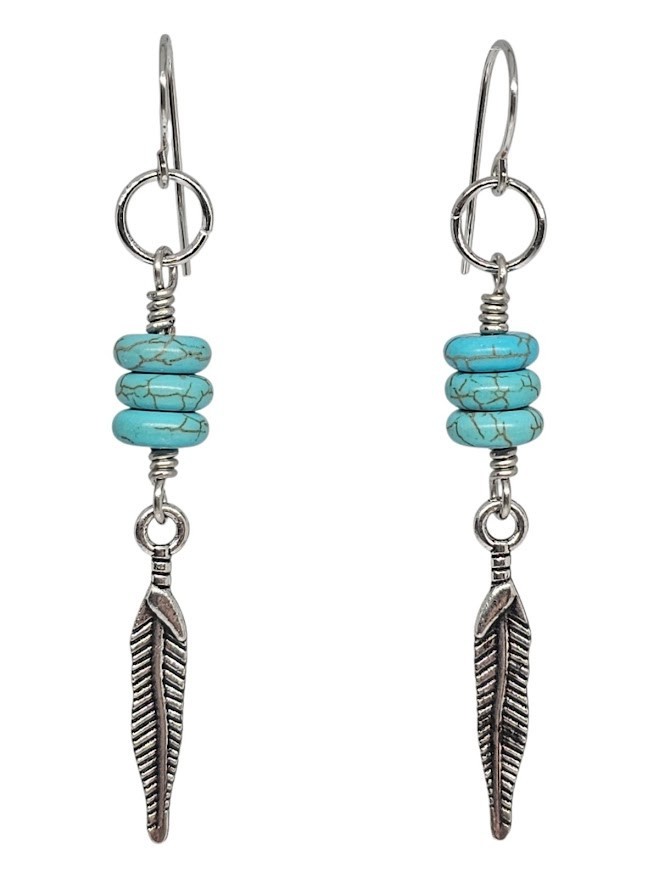 Handmade Turquoise Howlite Silver Feather Western Dangle Boho Earrings
