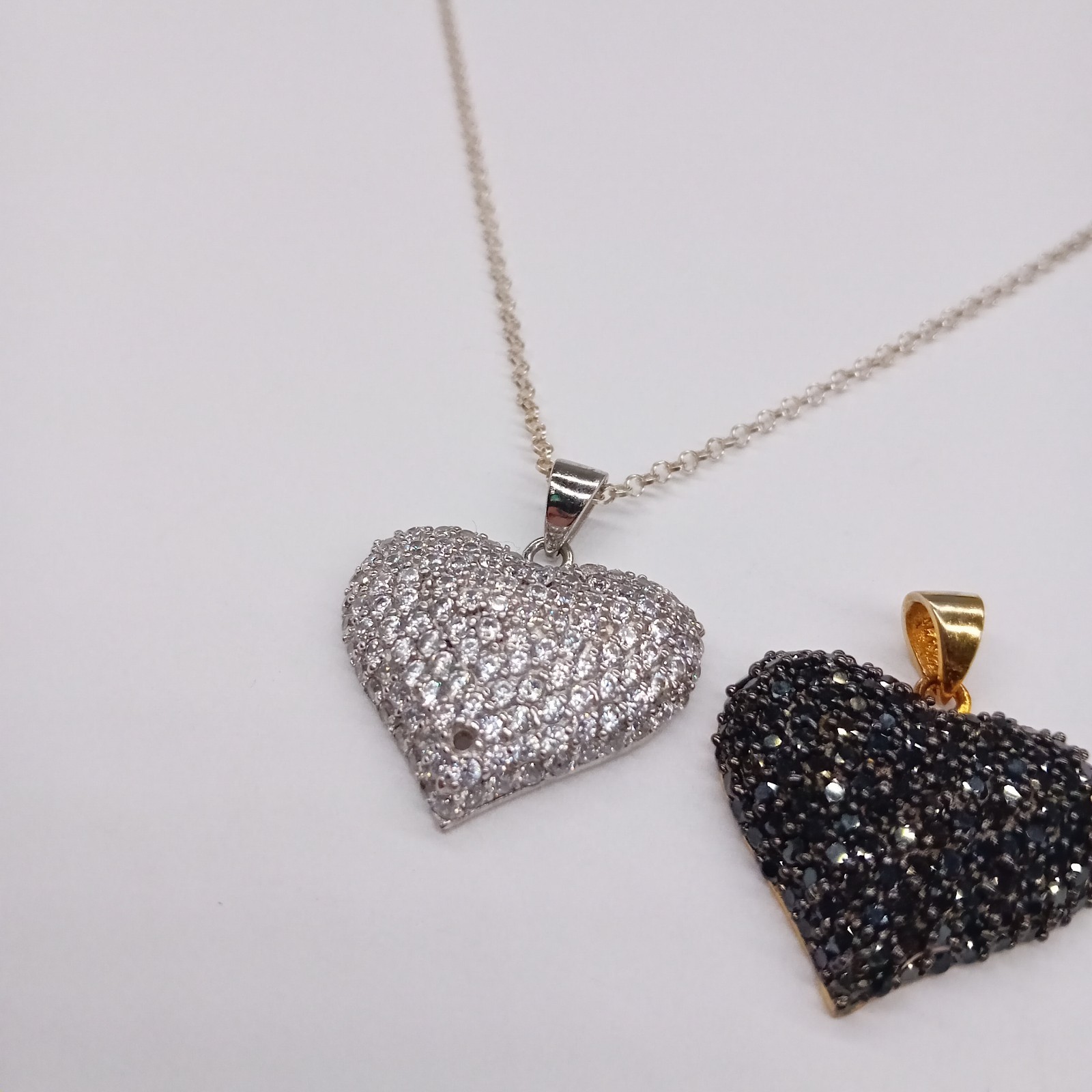 STERLING SILVER Pair of Silver & Black Diamante Heart Pendants Necklace