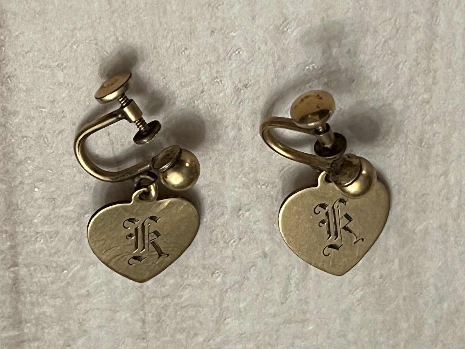 VTG 1/20 10K GF & 1/20 12K GF Monogrammed Heart Dangle Screw Back Earrings