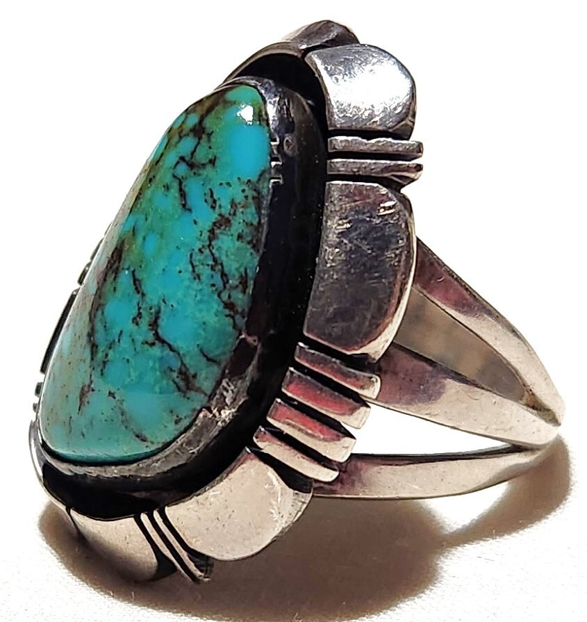 Artist Signed Platero Navajo Morenci Turquoise Shadow Box Sterling Silver Ring