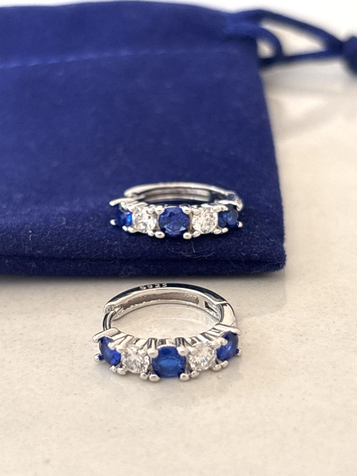 Sterling Silver Blue Sapphire CZ Huggie Hoop Earrings 925 Cubic Zirconia Gift