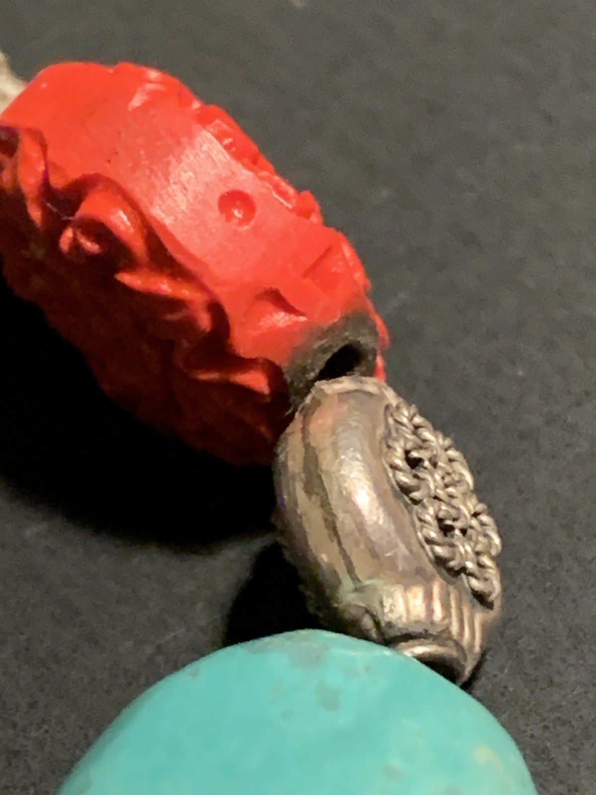 Turquoise & Carved Coral or Red Colored Bead Bracelet