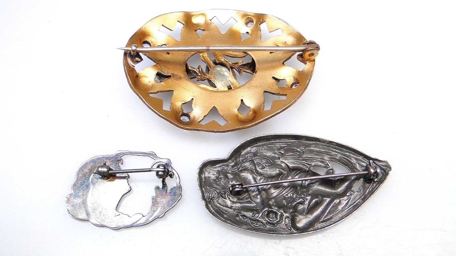 Art Nouveau Pins Jeweled Silver Metal Angel Woman’s Face Vintage 3pc Lot