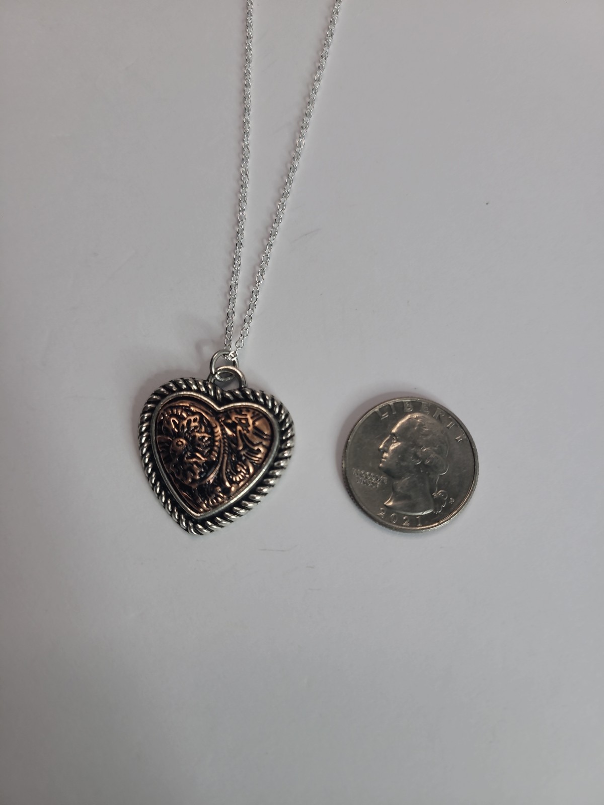 Western Heart Pendant Necklace Silver Tone Copper Floral Scroll Country Jewelry