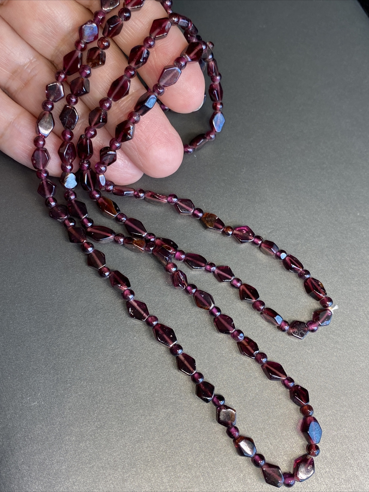 Genuine Almandine Garnet Unusual Geometric Rhombus Bead Necklace Clasp-Free 36″