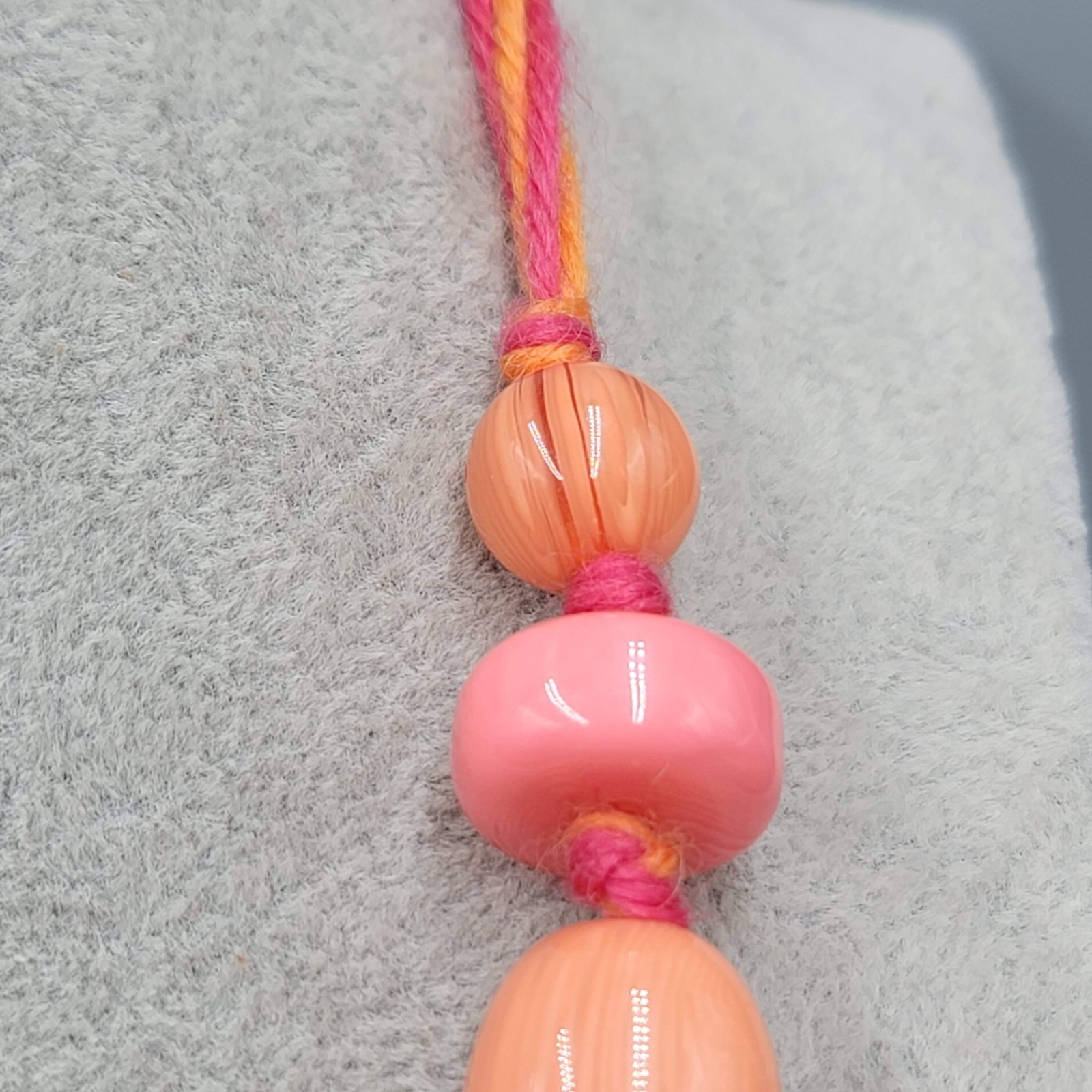 Artisan Peach Pink Cane Glass Bead Necklace Hand Knotted Yarn Cord 24 in