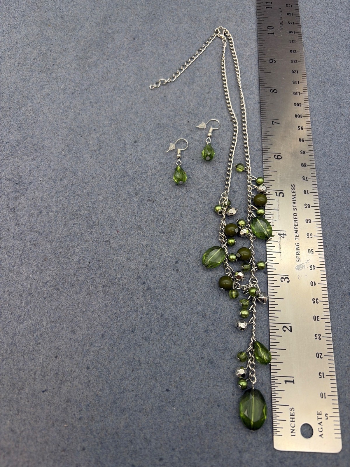 Beaded Y-Drop Necklace Earrings Set 15 In Silver Chain Olive Green Teardrop Glam